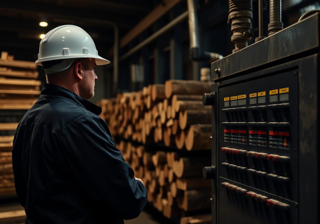 KilnTech engineer monitoring industrial lumber dry kiln control panel