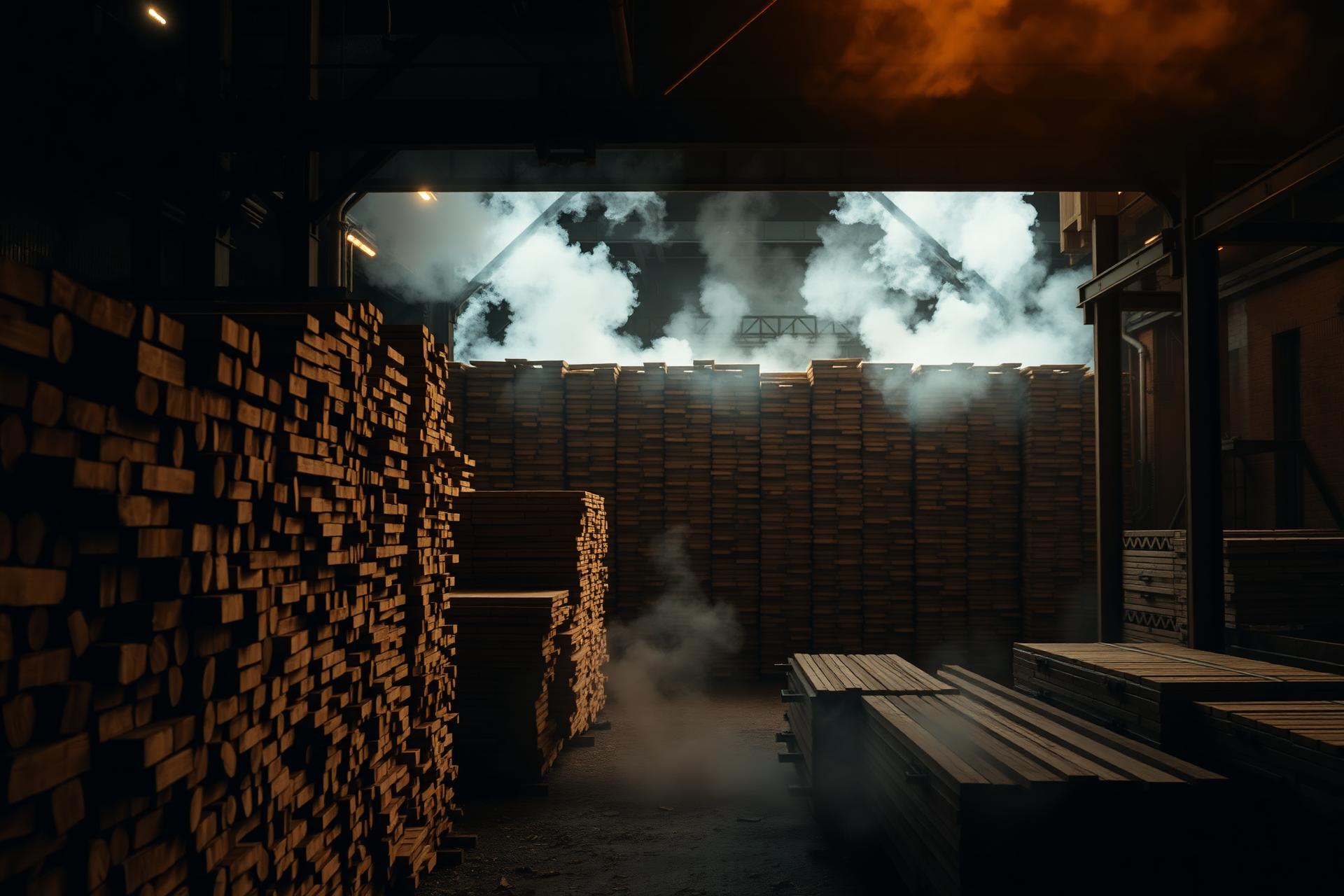 Industrial lumber dry kiln with stacked hardwood lumber and steam