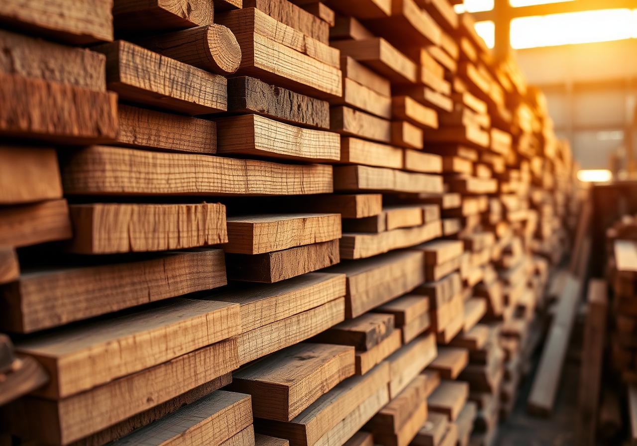 Stacked kiln-dried hardwood lumber in a sawmill